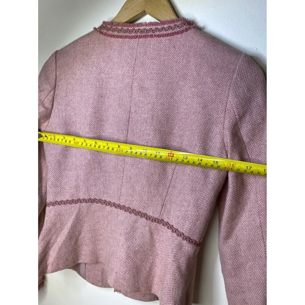 VTG Chic Pink Tweed Collarless Jacket Blazer Women Embellished Trim lined nice! - Picture 11 of 15
